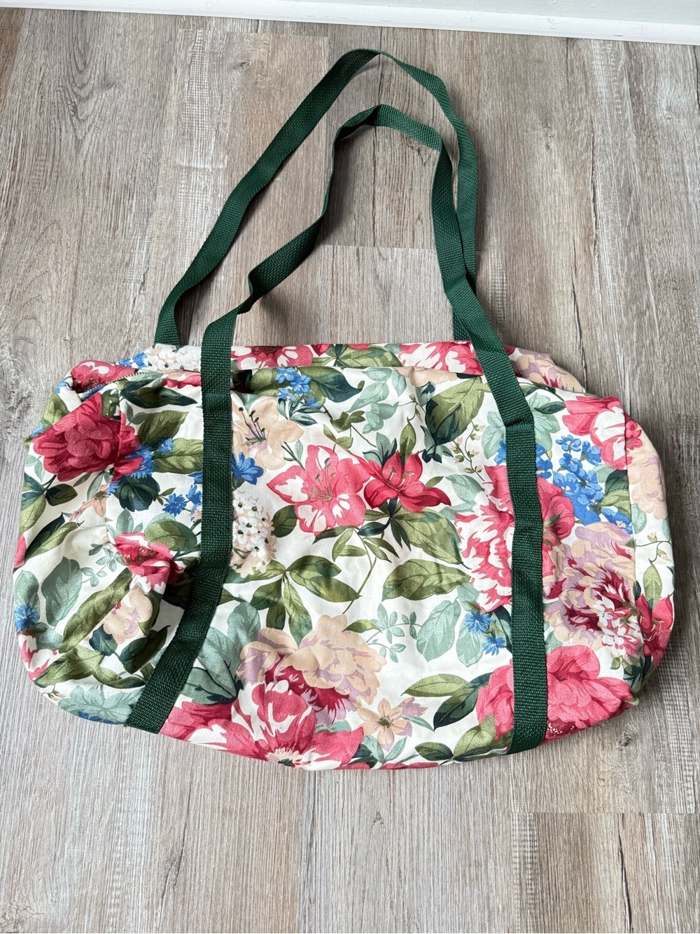 VTG Floral Canvas Tote Duffle Bag Multi Color Green Hippie Boho Bag